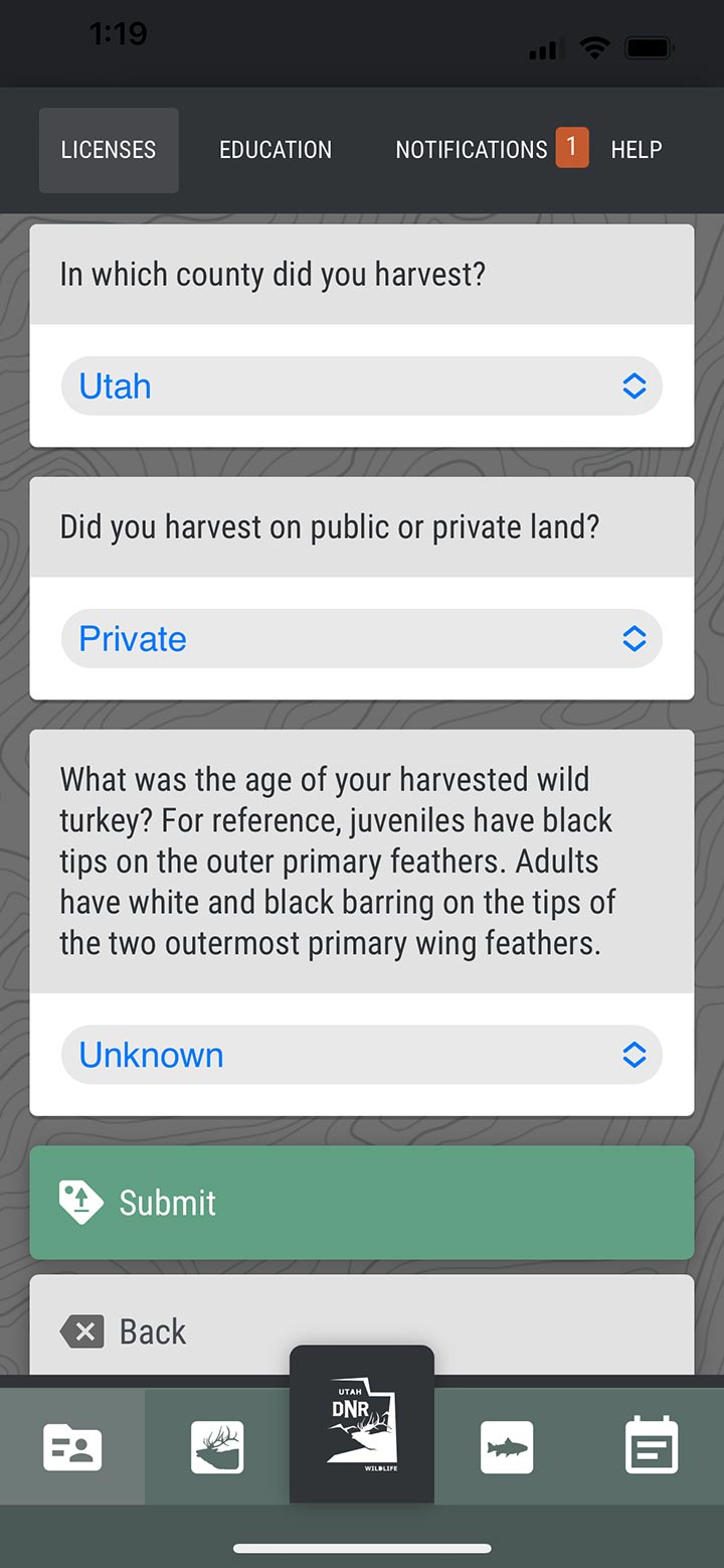 Screenshot of the iOS Utah Hunting & Fishing app showing the e-tag questionnaire