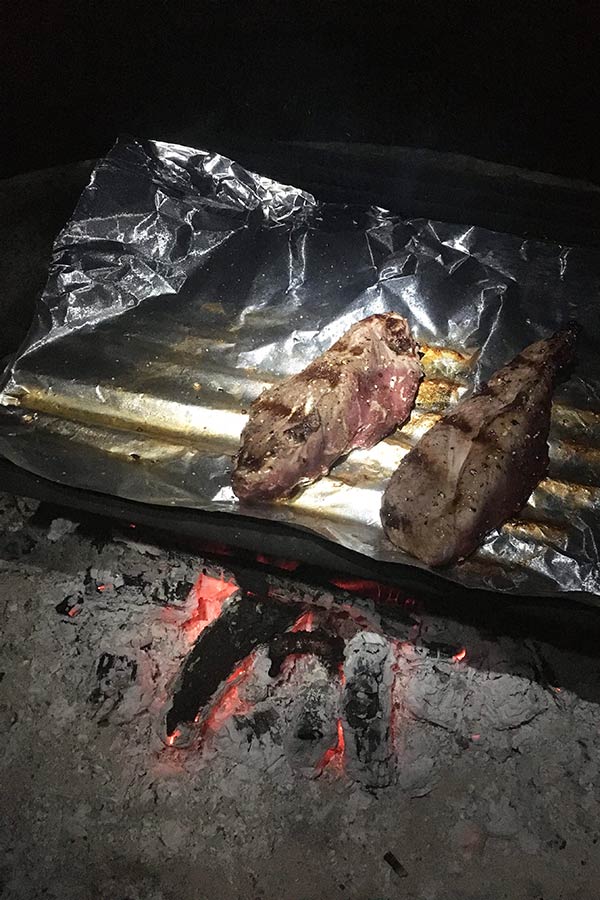 Deer tenderloins roasting over a campfire
