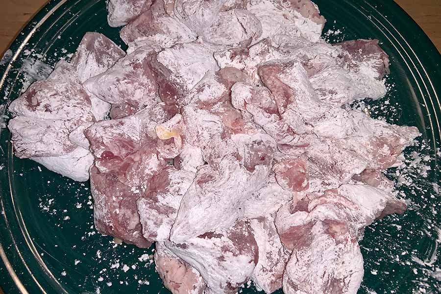 Clumps of bird meat mixed with cornstarch