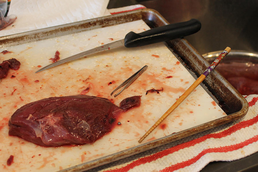 Slab of raw, unprocessed goose meat on a cutting board being cleaned