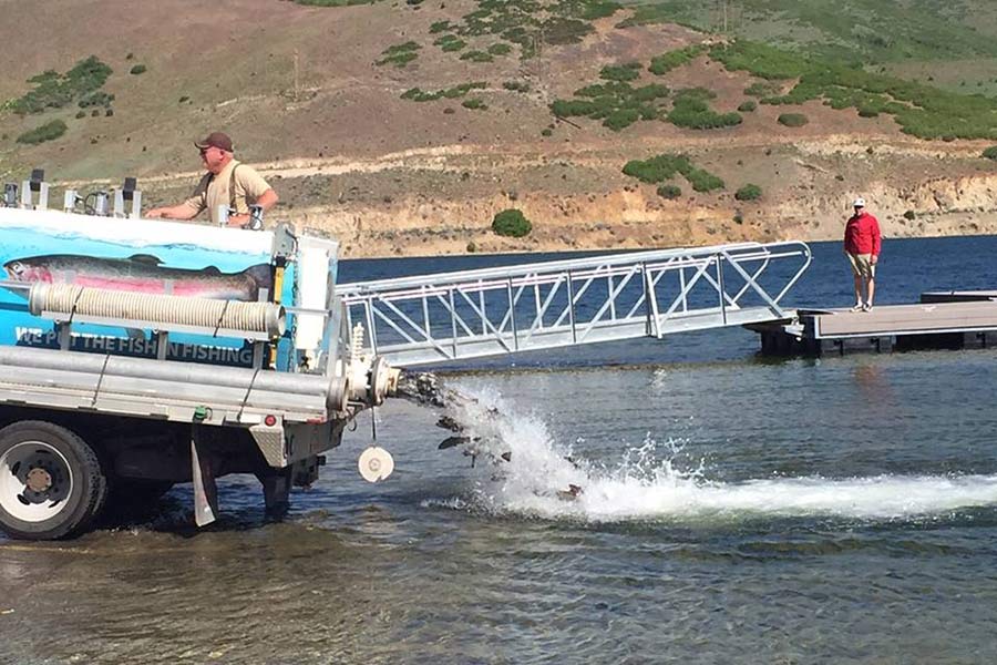 DWR biologists stocking fish at Deer Creek Reservoir from a fish stocking truck