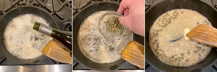 A skillet with white wine, capers and butter being added