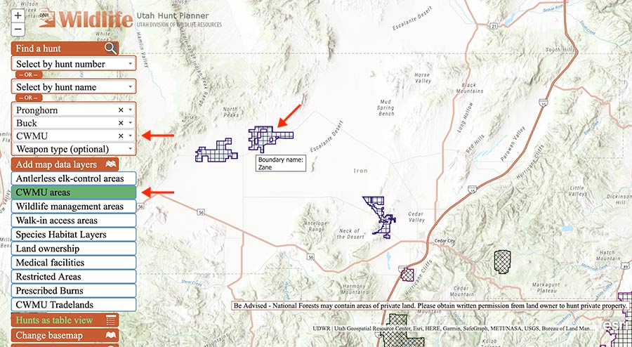 Screen shot of the Utah Hunt Planner, showing several Cooperative Wildlife Management Units near Cedar City on a map