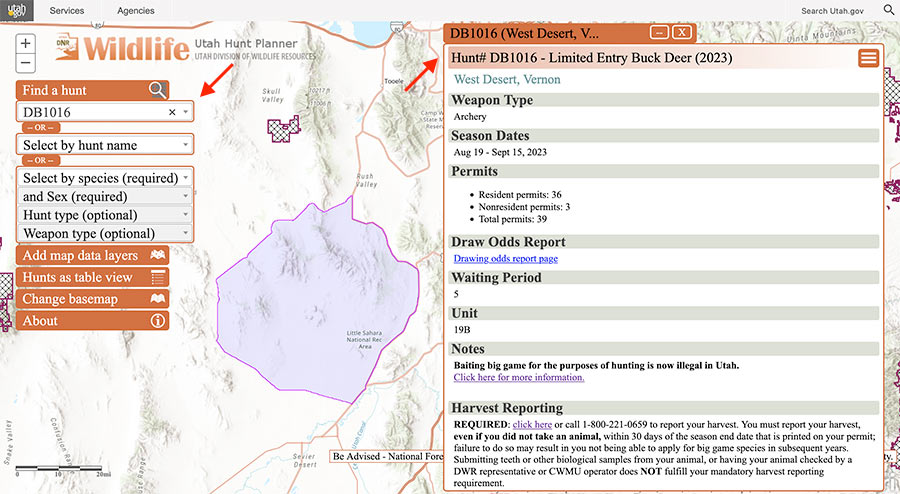 Screen shot of the Utah Hunt Planner, showing hunt number DB1016, limited entry buck deer hunt in the West Desert, Vernon unit