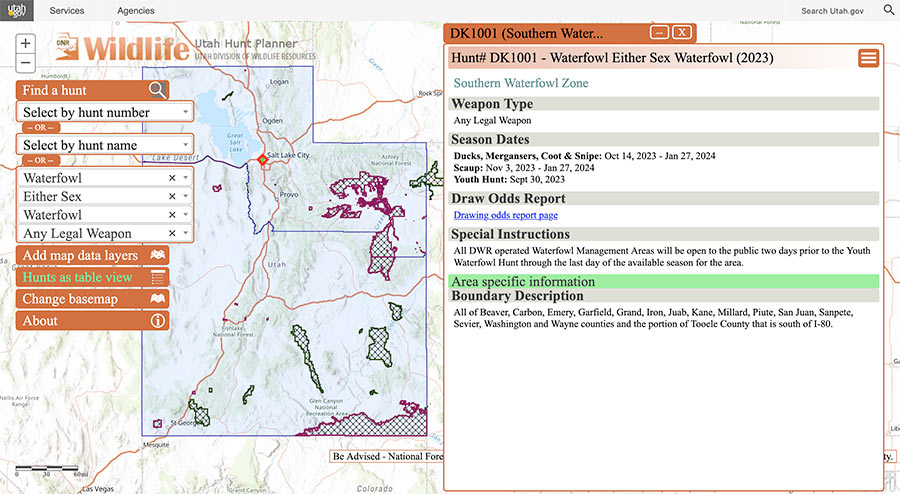 Screen shot of the Utah Hunt Planner, showing information about the southern waterfowl hunting zone