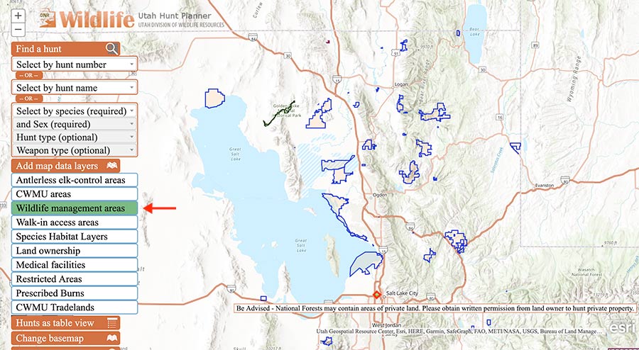 Screen shot of the Utah Hunt Planner, showing a map of Wildlife and Waterfowl Management Areas in Northern Utah