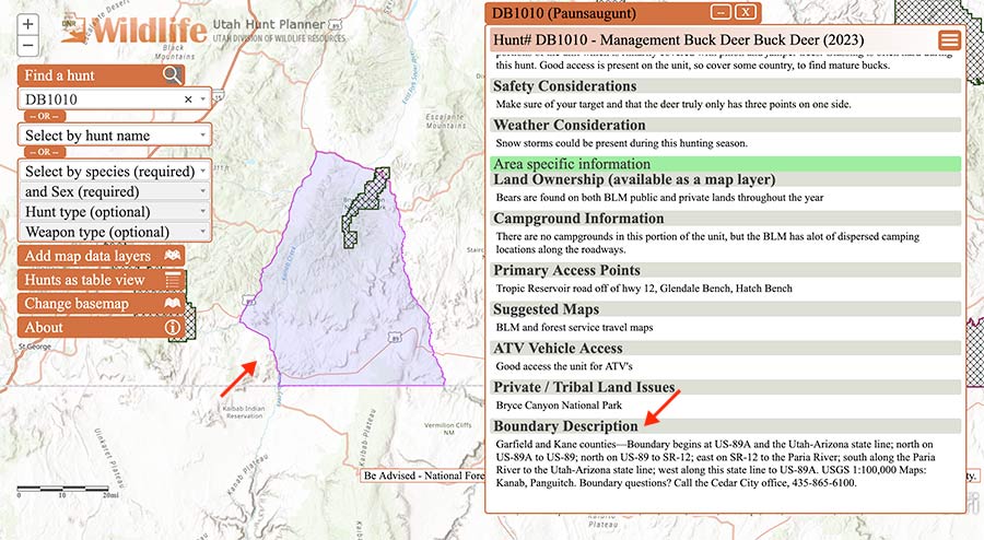 Screen shot of the Utah Hunt Planner, showing the boundaries of the Paunsaugunt unit on a map as well as a written legal description of the boundaries