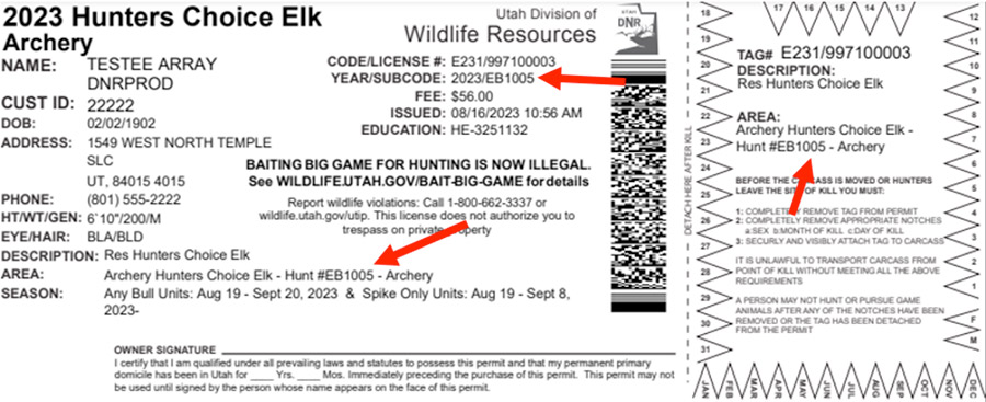 Sample hunting permit, showing permit number, hunt number and other information about the hunt
