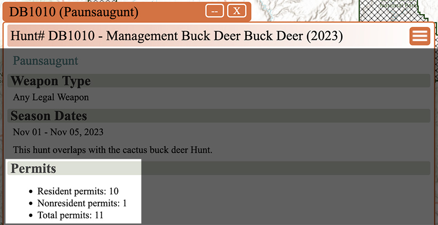 Screen shot of the Utah Hunt Planner, showing the total number of hunting permits available for the management buck deer hunt in the Pausaugunt unit