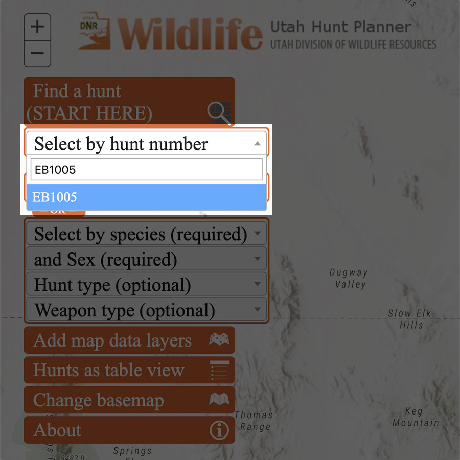 Screen shot of the Utah Hunt Planner showing the "Select by hunt number" box