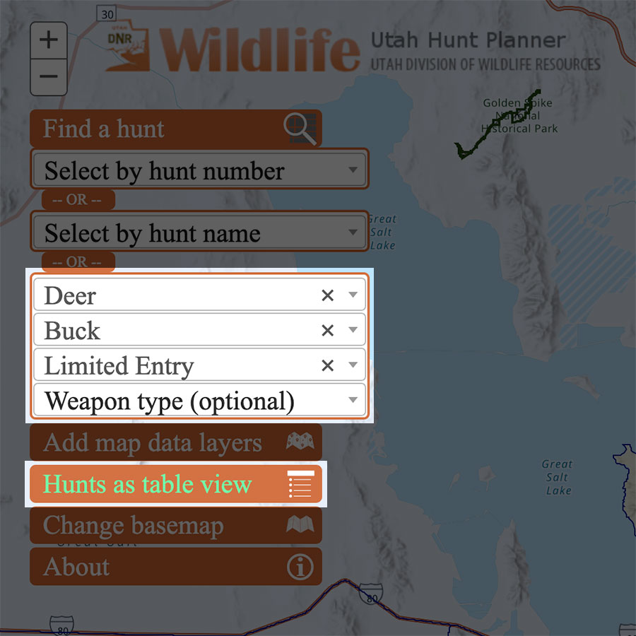Screen shot of the Utah Hunt Planner, showing boxes to select a hunt by species, sex, hunt type and weapon type