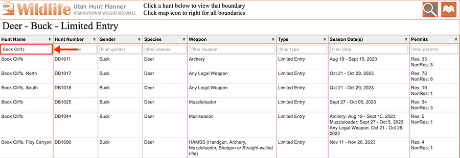 Table view of limited-entry hunts for buck deer, filtered by hunt name