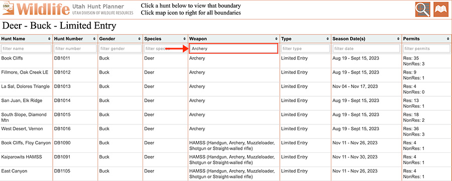 Table view of limited-entry hunts for buck deer, filtered by weapon