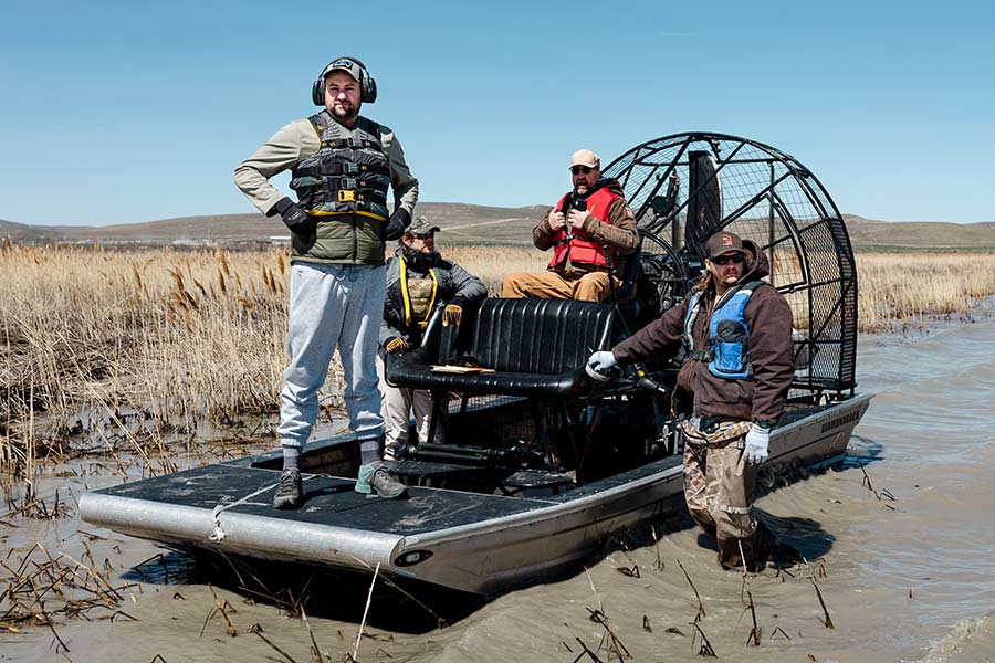 Intermountain West Shorebird Survey team on an airboat at Utah Lake