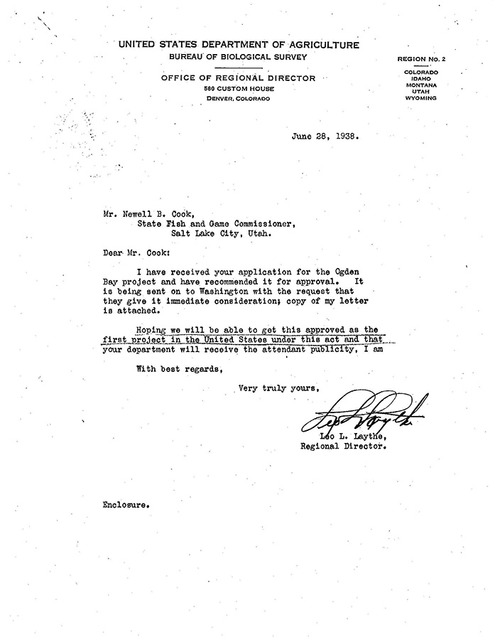 Letter from the U.S. Department of Agriculture approving the creation of the Ogden Bay Bird Refuge