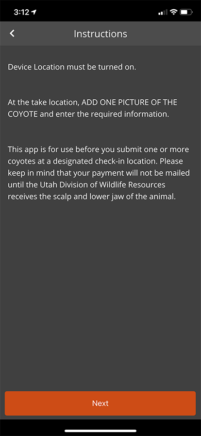 iPhone screen shot of Utah Coyote Bounty Reporter app, instructions screen.
