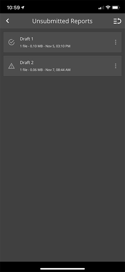 iPhone screen shot of Utah Coyote Bounty Reporter app, Unsubmitted Reports page.