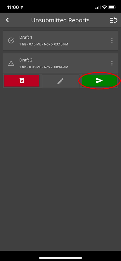 iPhone screen shot of Utah Coyote Bounty Reporter app, Unsubmitted Reports page with the green button circled.
