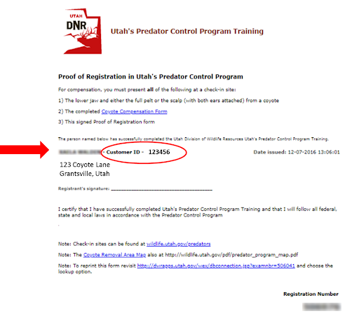 Hunter education course completion form with the customer ID circled.