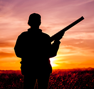 A hunter holding a rifle in a field at sunset