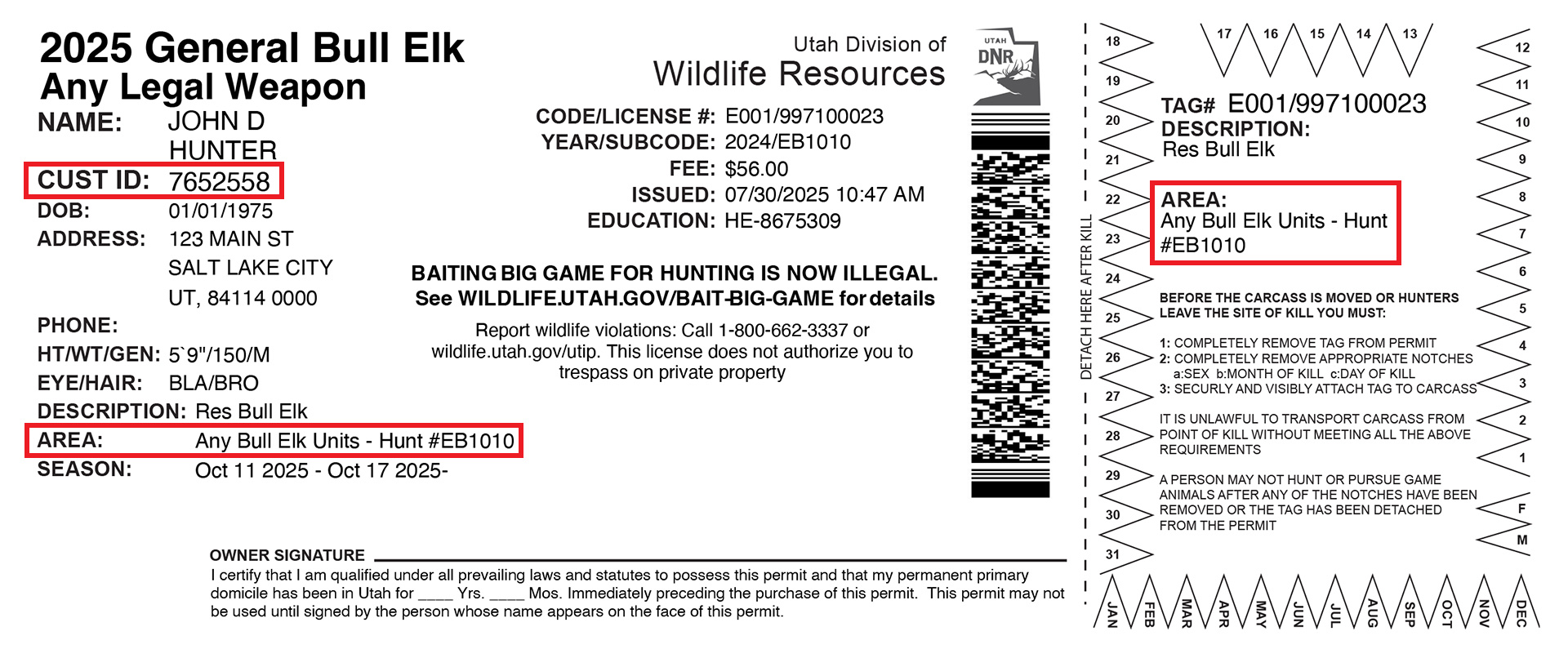 Image of a hunting permit with red boxes showing the location of the hunt number and Customer ID number
