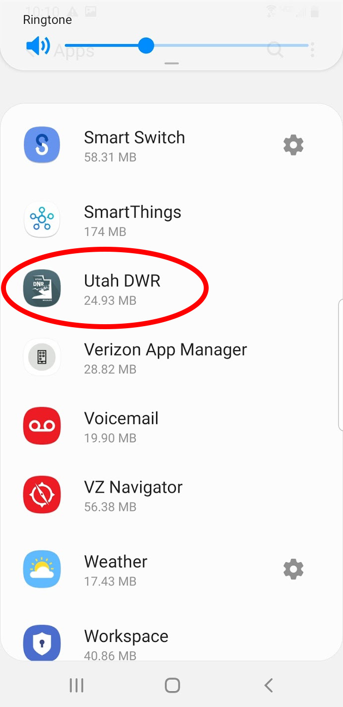 Android screen shot of apps list, including Utah DWR app.