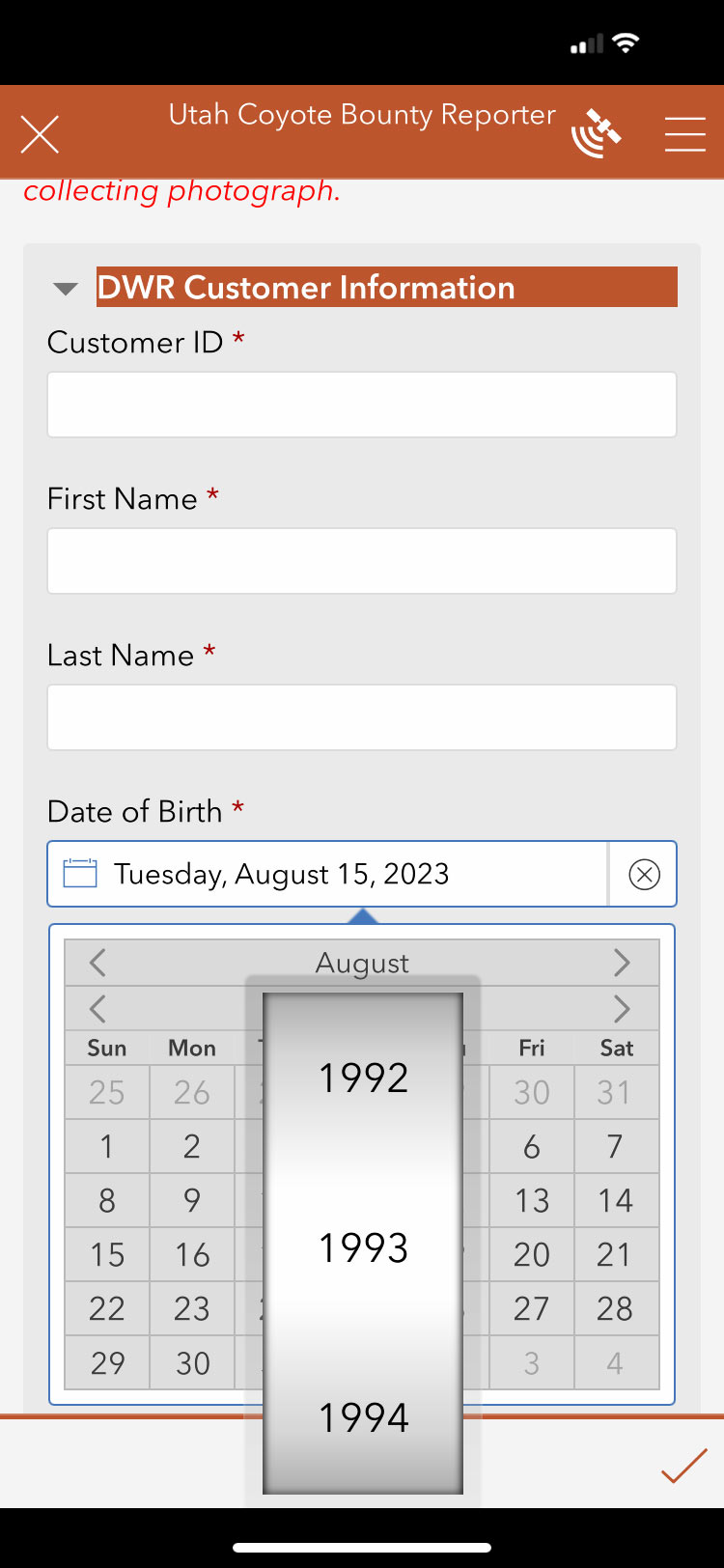 iOS screen shot of the Utah Coyote Bounty Reporter survey, calendar scroll wheel