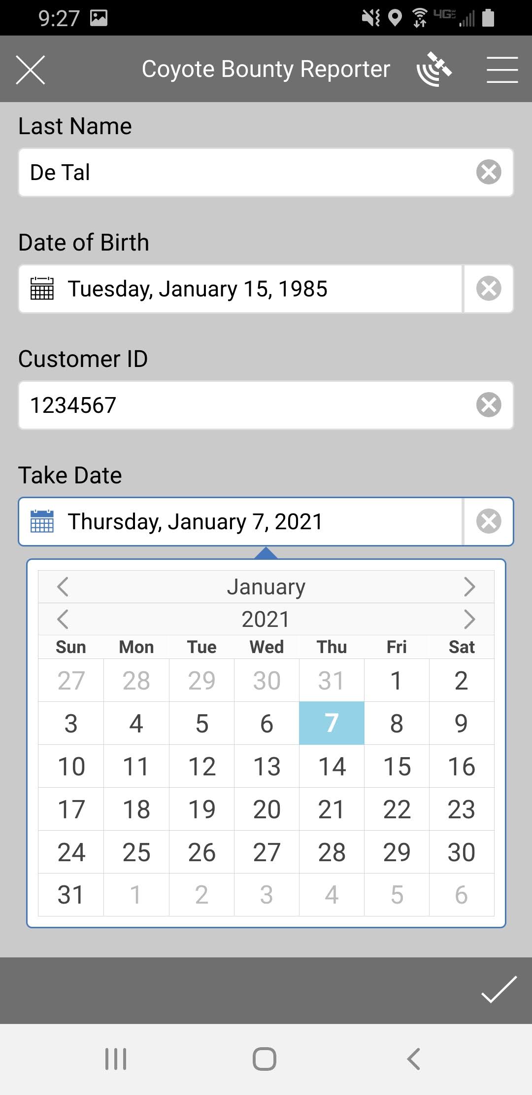 Android screen shot of Coyote Bounty Reporter app, calendar.