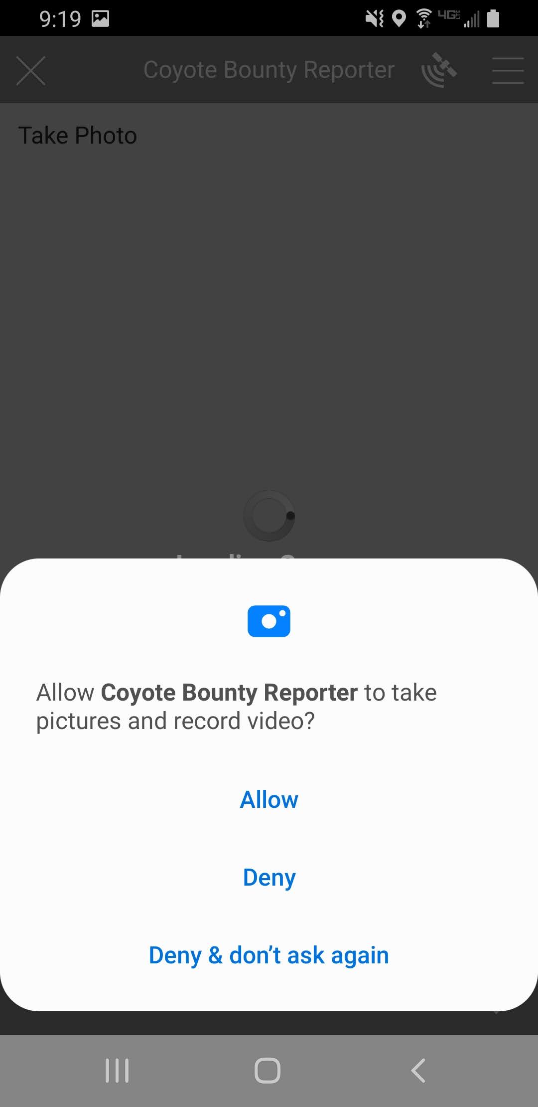Android screen shot of Utah Coyote Bounty Reporter app, camera permissions.