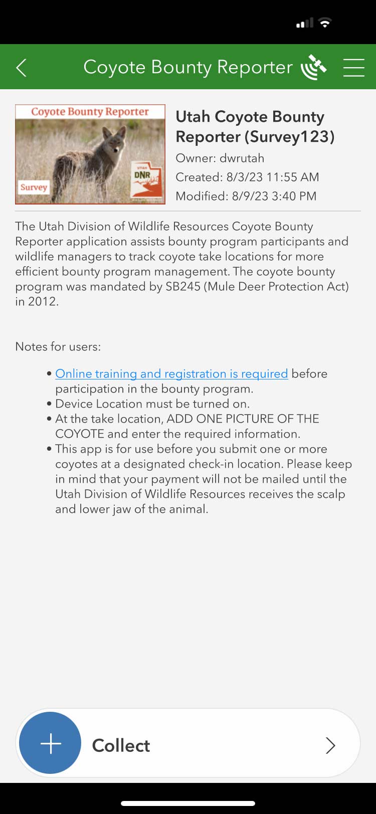 iOS screen shot of the Utah Coyote Bounty Reporter survey, collect information