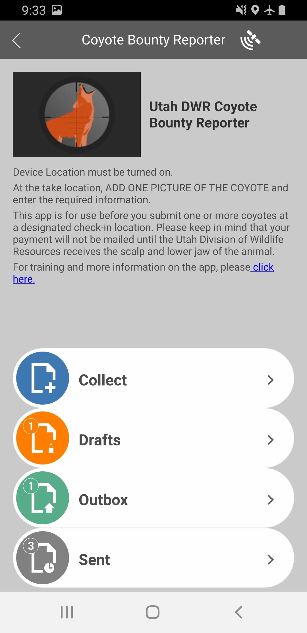 Android screen shot of Coyote Bounty Reporter app, start screen.