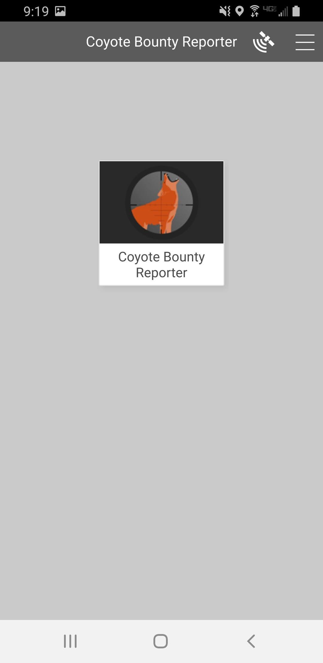 Android screen shot of Coyote Bounty Reporter app, start screen.