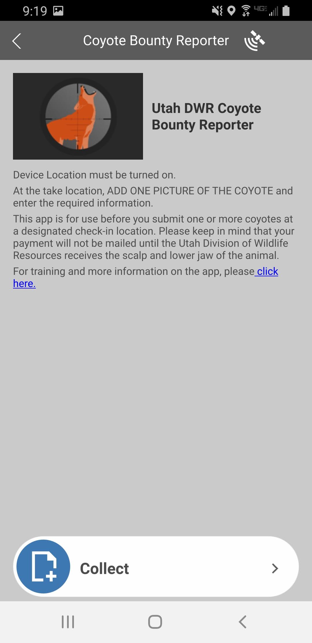Android screen shot of Coyote Bounty Reporter app, instructions screen.
