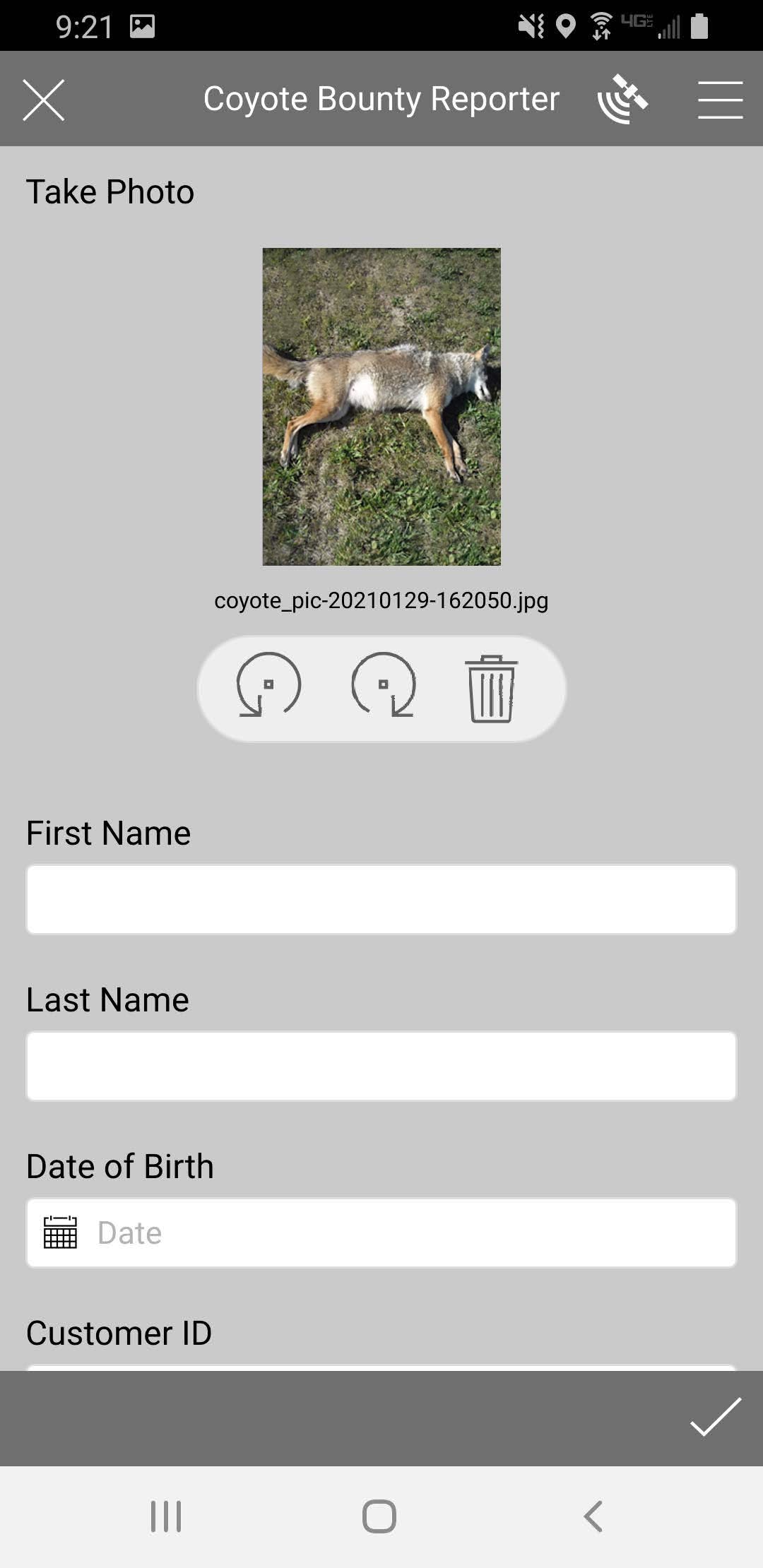 Android screen shot of Coyote Bounty Reporter app, Required Information page.