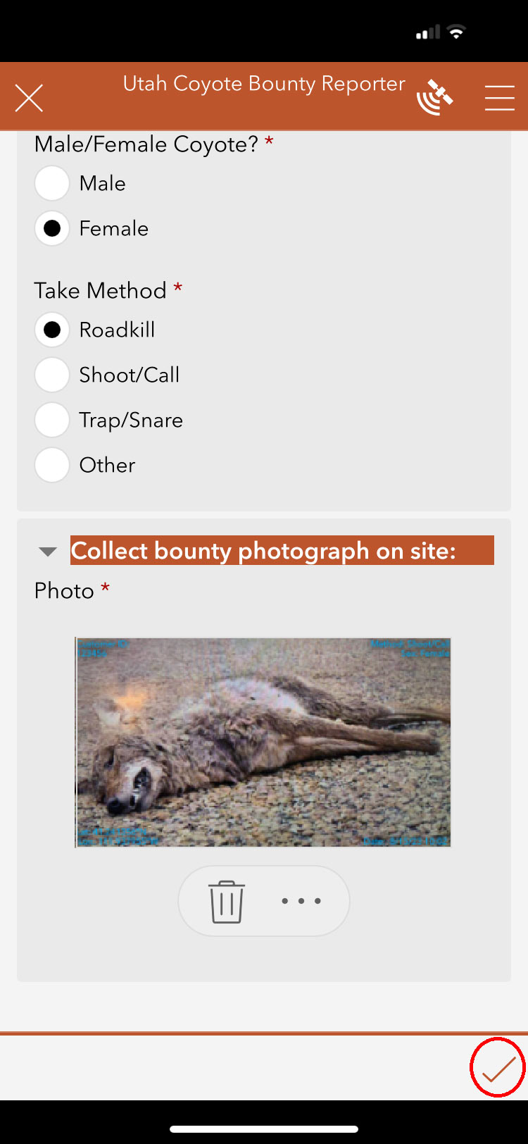 iOS screen shot of the Utah Coyote Bounty Reporter survey, submit coyote kill information