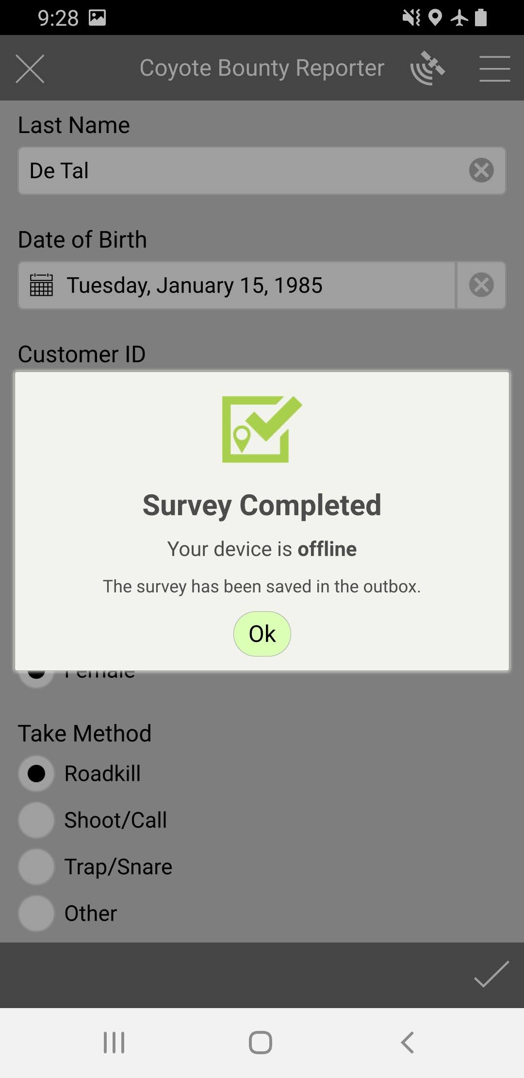 Android screen shot of Coyote Bounty Reporter app, Survey Completed pop-up.