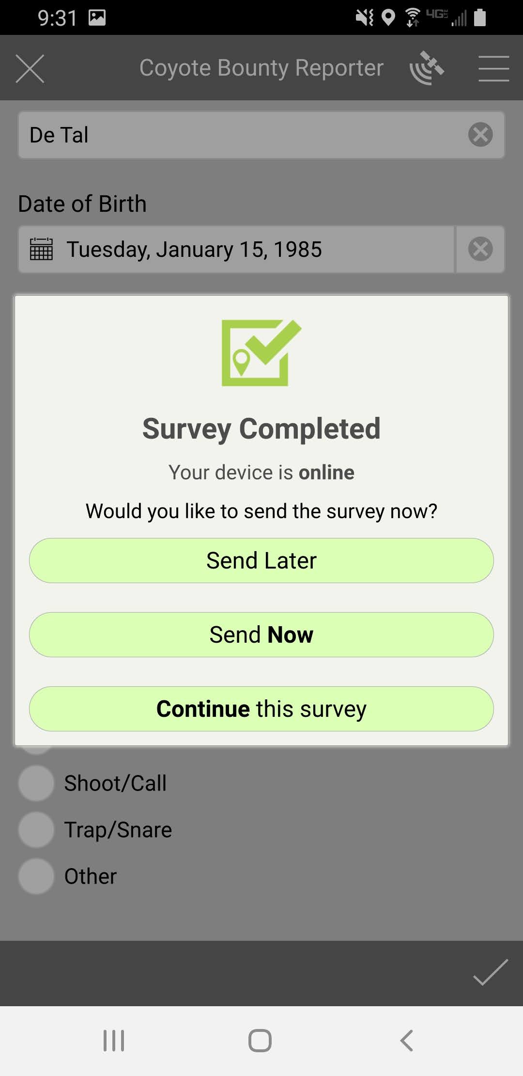 Android screen shot of Coyote Bounty Reporter app, Survey Completed pop-up.