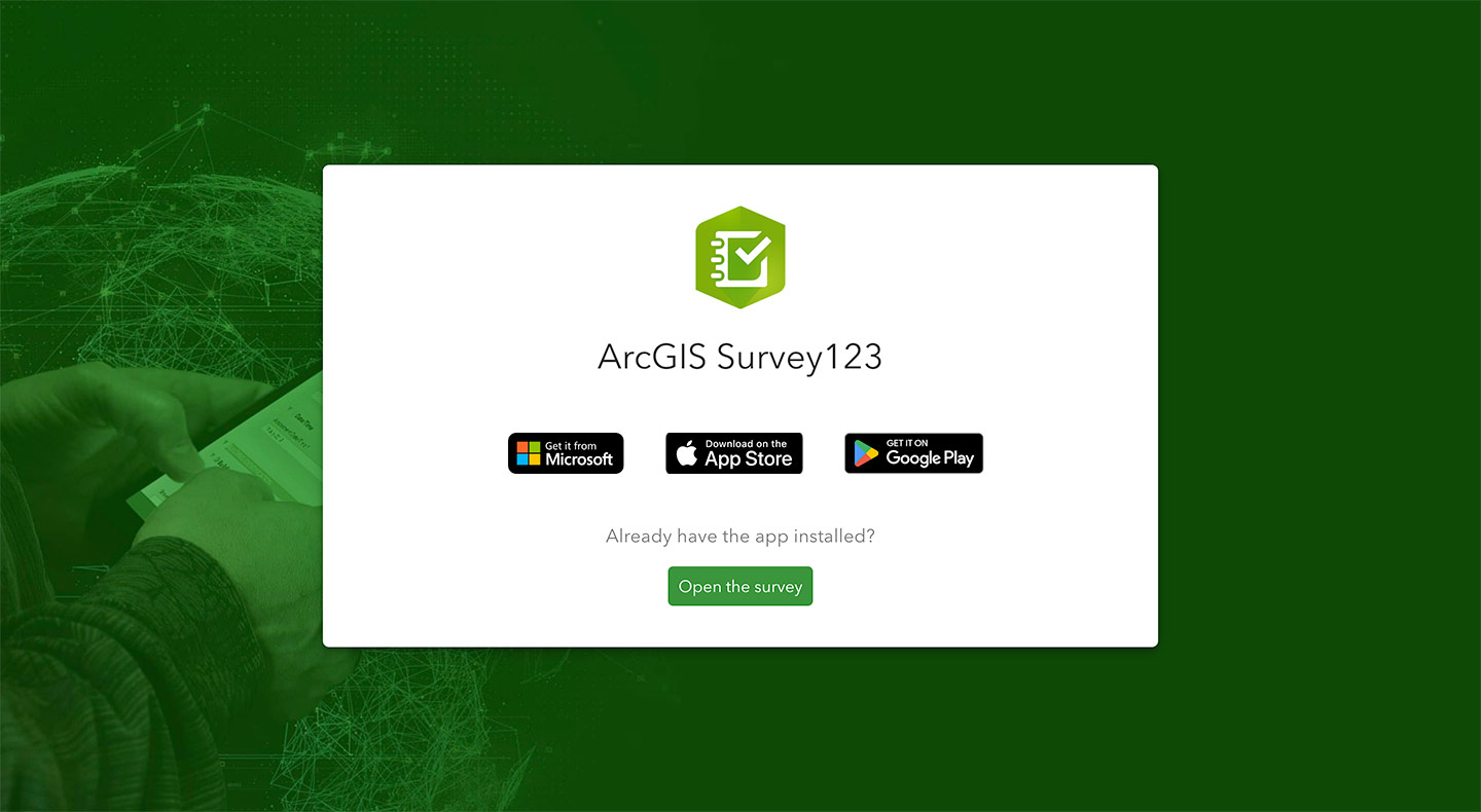 Screen shot prompting to download the ArcGIS Survey123 app from the Microsoft Store, iOS App Store or Google Play