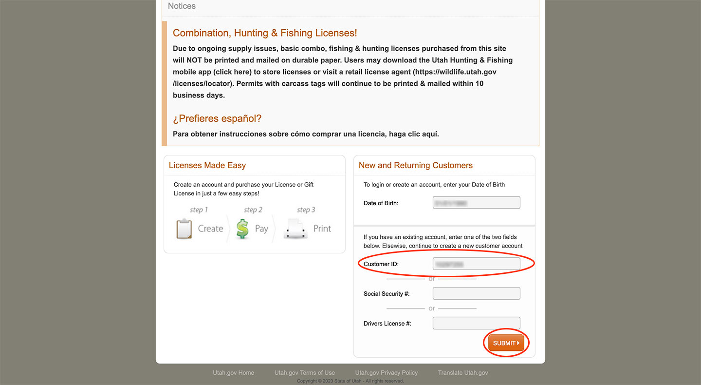 Screen shot of the Utah Hunting & Fishing Licenses website, showing the expanded &quote;New and Returning Customers&quote; box