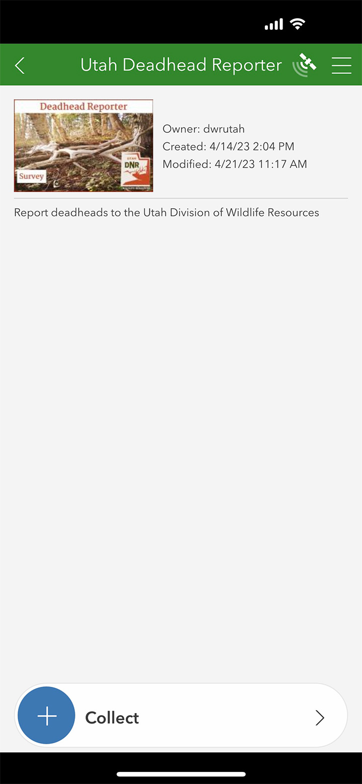 iOS screen shot of Utah Deadhead Reporter app, collect information