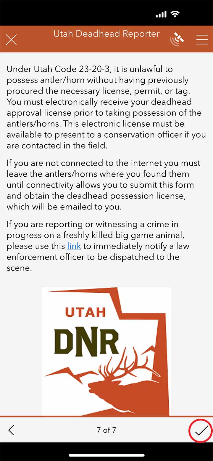 iOS screen shot of Utah Deadhead Reporter app, legal statement screen
