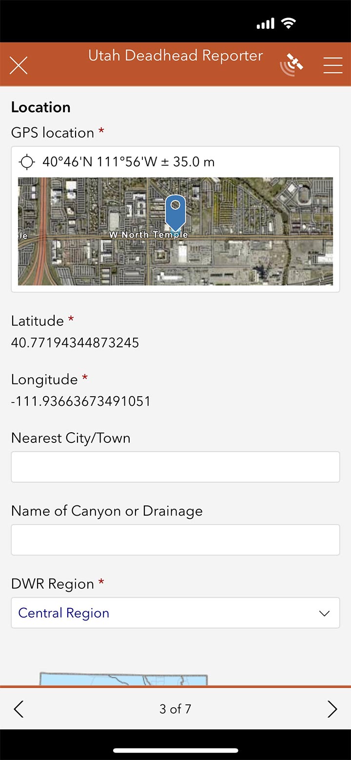 iOS screen shot of Utah Deadhead Reporter app, GPS location screen