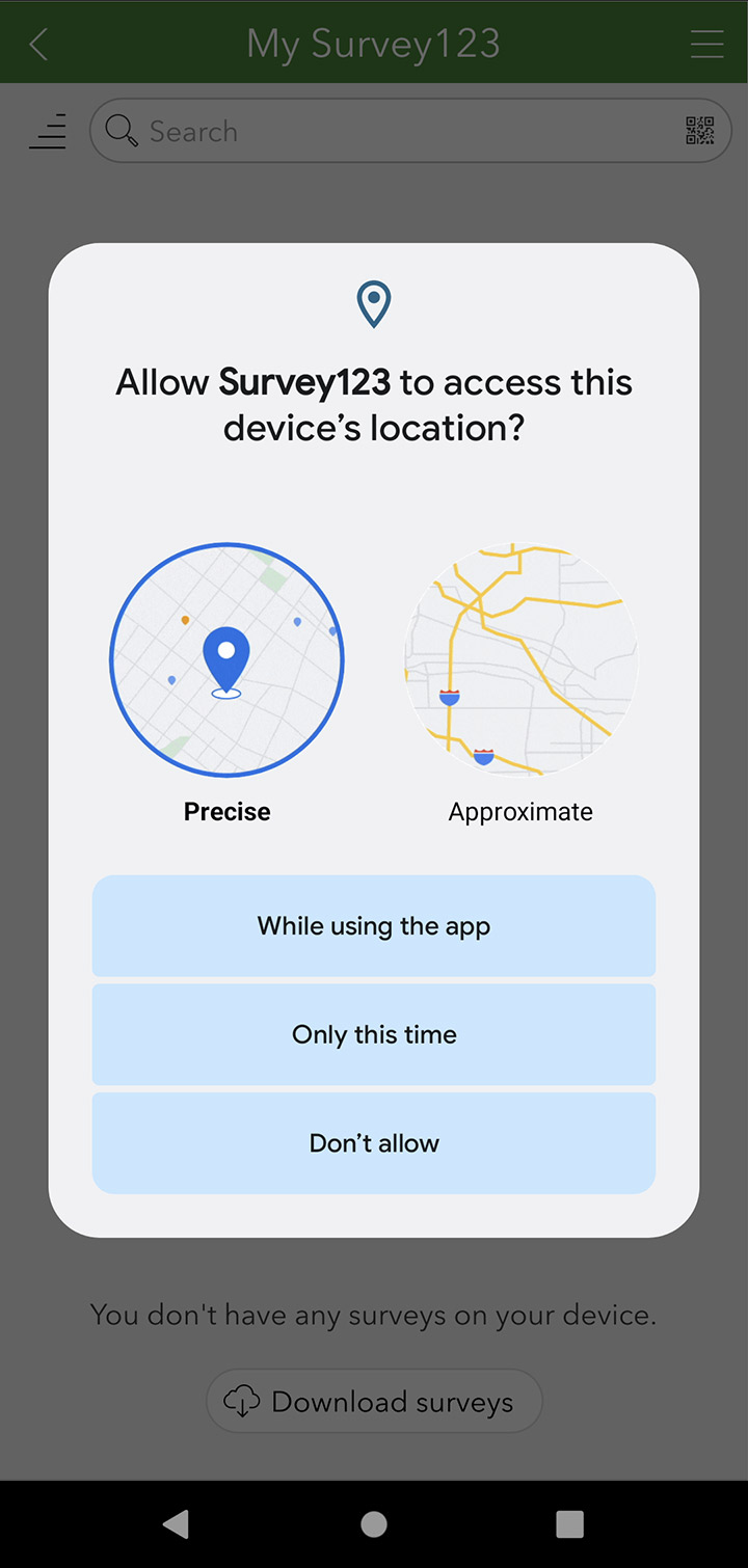 Android screen shot of the ArcGIS Survey123 app, location permissions screen