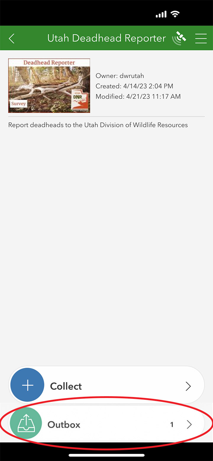 iOS screen shot of Utah Deadhead Reporter app, outbox