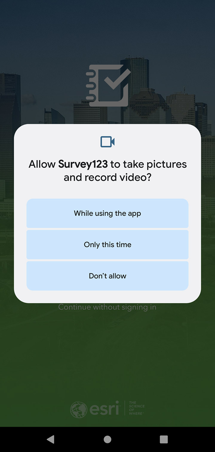 Android screen shot of the ArcGIS Survey123 app, pictures and video permissions screen