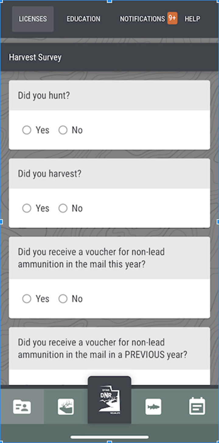 Screenshot of the iOS Utah Hunting and Fishing app showing the e-tag questionnaire