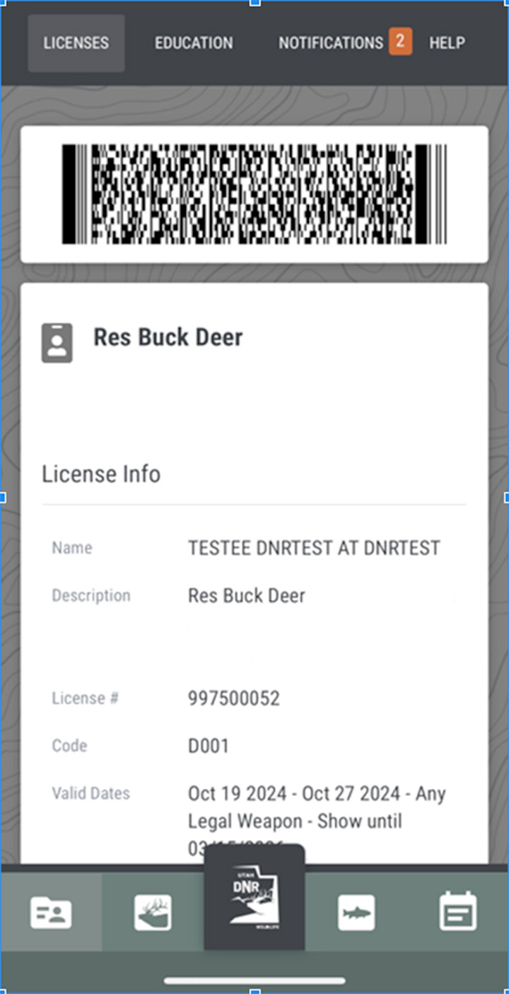 Screenshot of the iOS Utah Hunting and Fishing app with a big game permit