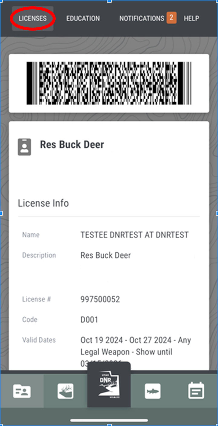 Screenshot of the iOS Utah Hunting and Fishing app with a big game permit
