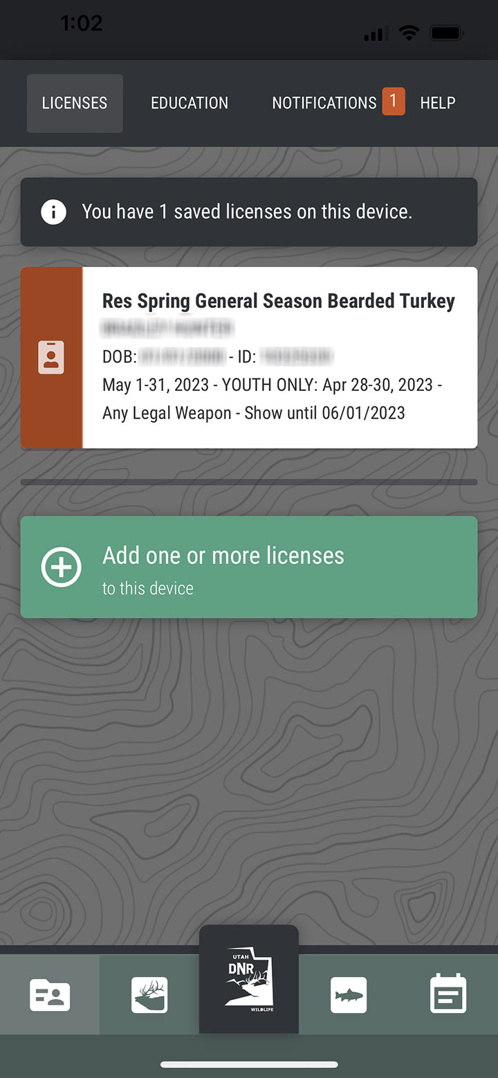 Screenshot of the iOS Utah Hunting & Fishing app with a turkey permit