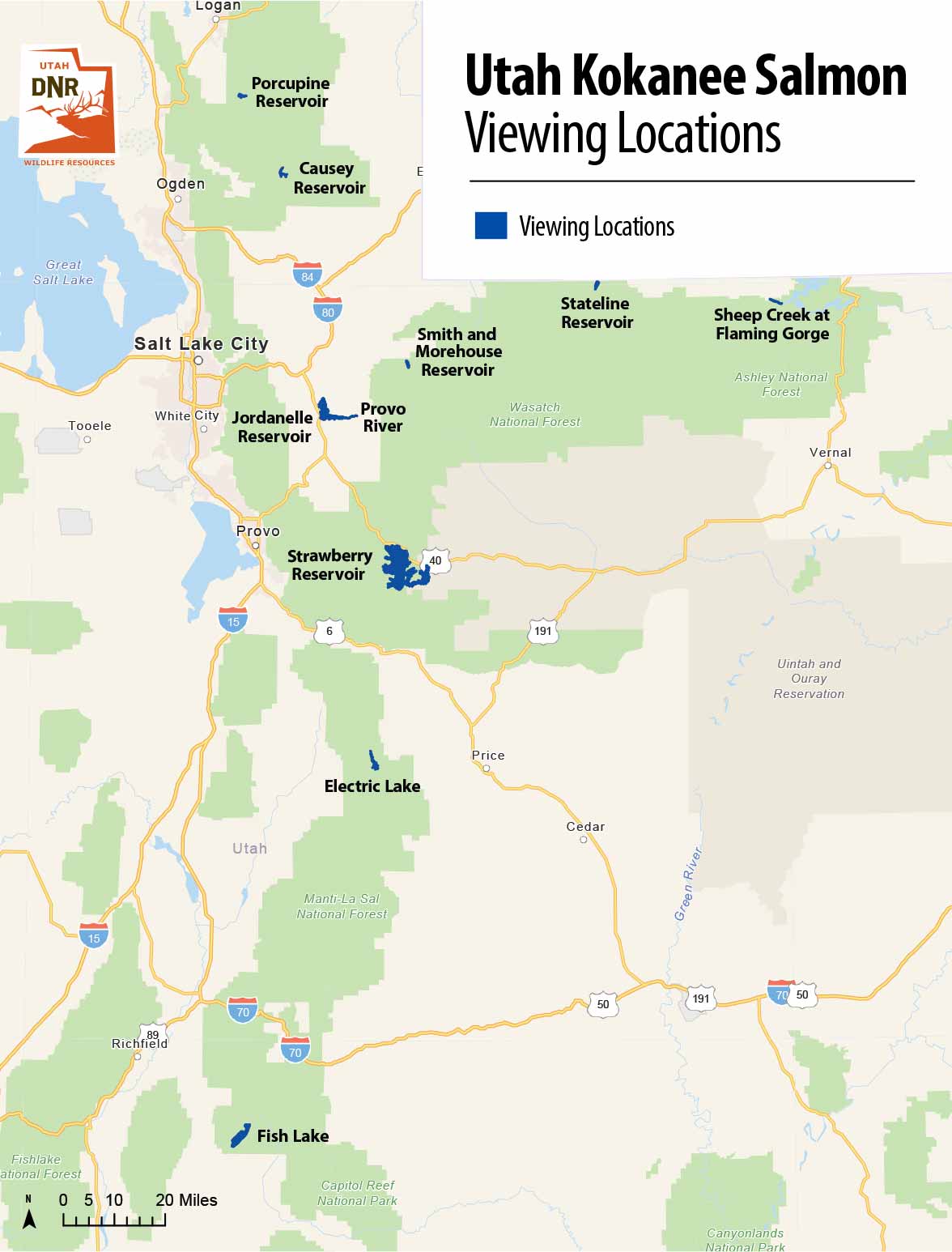 Map with locations to view kokanee salmon in Utah
